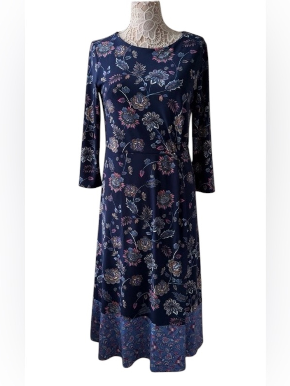 Talbots Effortless Twist Jersey Midi Dress Blue Floral Size 14P Lined Navy Work